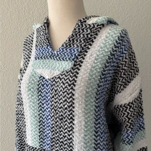 BAJA JOE Poncho Hoodie Knit Hippie Hoodie Black Teal Sweater Unisex Size‎ M EUC